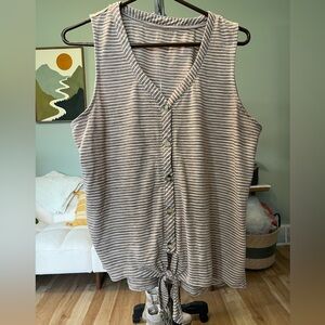 Striped Taupe and White Button-Front Sleeveless Top